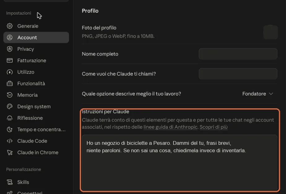 Le istruzioni personali nell'app di Claude