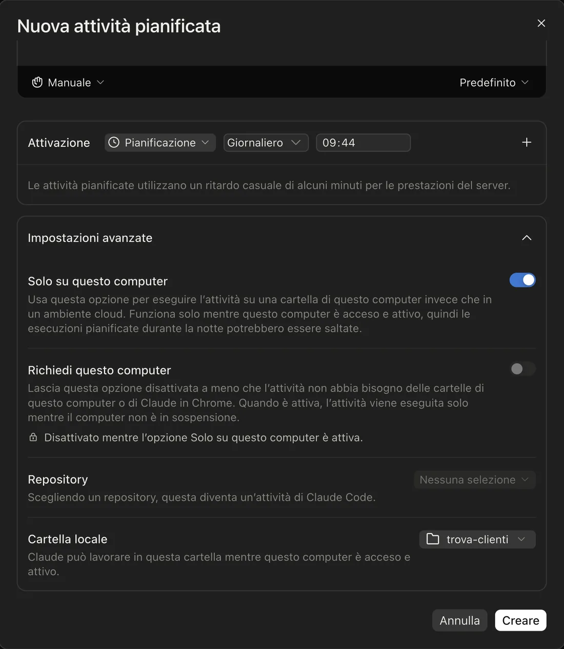 Un'attività pianificata nell'app di Claude