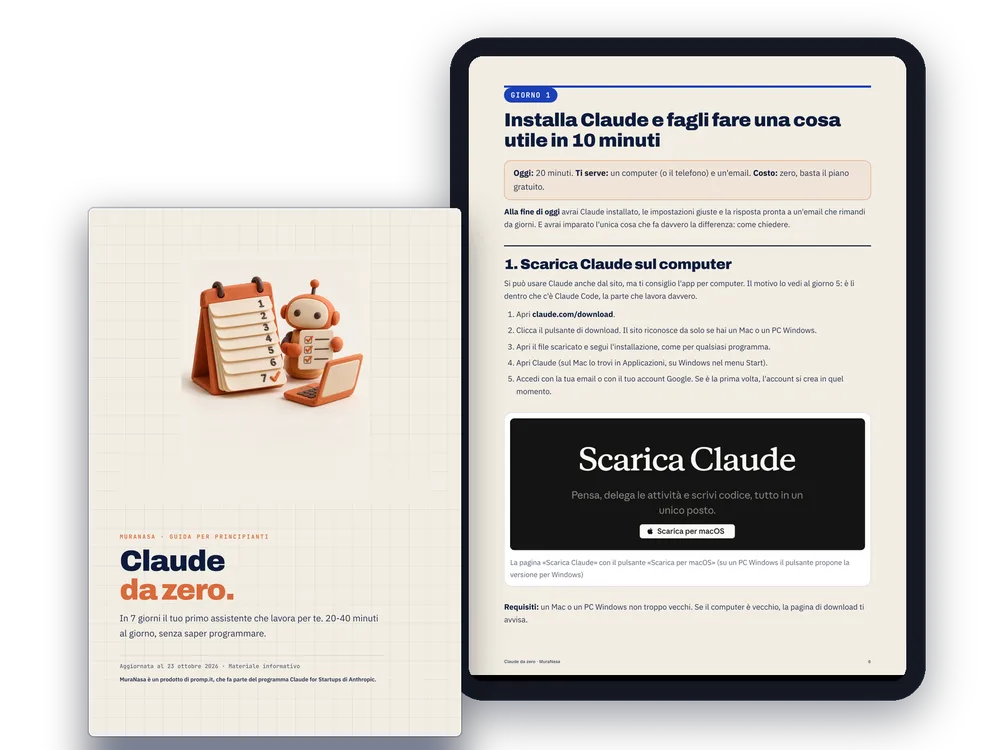 La guida Claude da zero in PDF, aperta su un tablet